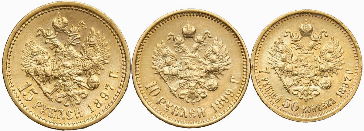 Nicola II, Tre monete in oro: 15 rubli 1897, 10 rubli 1899, 7 e 1/2 rubli 1897