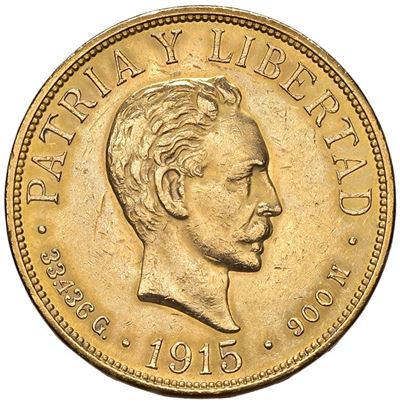 CUBA, Moneta da 20 pesos del 1915 in oro