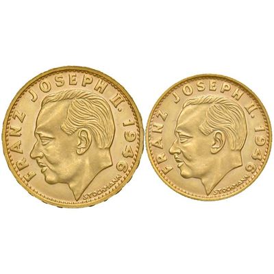 Franz Joseph II di Liechtenstein, 20 e 10 franchi, oro, 1946