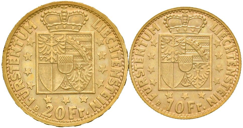 Franz Joseph II di Liechtenstein, 20 e 10 franchi, oro, 1946