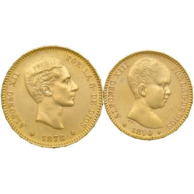 Moneta Spagnola, Alfonso XII e Alfonso XIII - 25 Pesetas 1878 (Riconio), 20 Pesetas 1890
