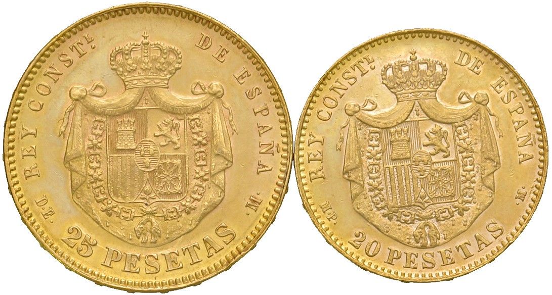Moneta Spagnola, Alfonso XII e Alfonso XIII - 25 Pesetas 1878 (Riconio), 20 Pesetas 1890