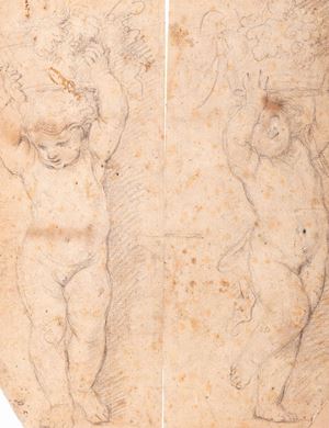 Study of two putti with baskets of flowers and fruit