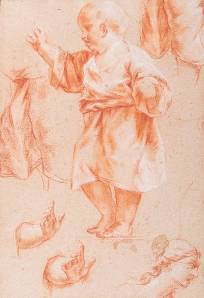Figura di un bimbo e studi di mani e volti, matrice di matita rossa e biacca su carta