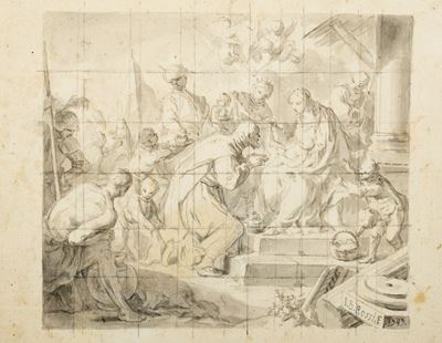 Adorazione dei Magi, matita nera e acquerello grigio su foglio quadrettato