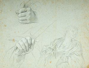 Studio per suicidio di Lucrezia, studio di due mani, una con la spada (recto); e Studio di figura (verso)