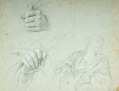 Studio per suicidio di Lucrezia: studio di due mani, una con la spada (recto); e Studio di figura...