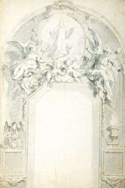 Modello preparatorio per una porta con Santo in gloria entro medaglione con angeli ai lati, matit...