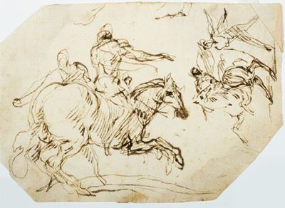 Figure di cavalli e cavalieri, penna e inchiostro nero su carta