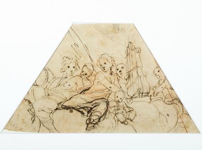 Angeli musicanti, penna e inchiostro bruno su carta grigia