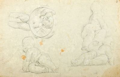 Autore non identificato, Studi di putti e di braccia, viso e panneggio
