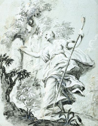 Studio per un'Erminia che incide il nome di Tancredi sull'albero, acquerello su carta