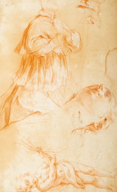 Scuola romana, Studio di prete, figura femminile e ragazzo con frecce, matita rossa e acquerello ...