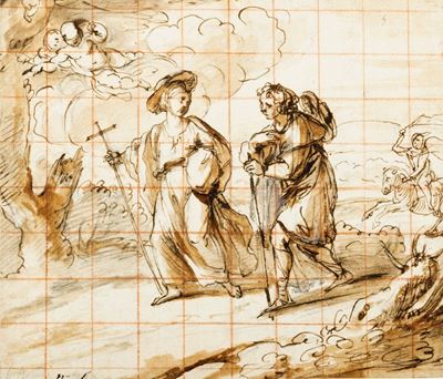 Autore ignoto, Due pellegrini in un paesaggio, penna e inchiostro, acquerello bruno su carta