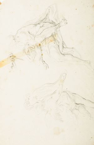 Study of a seated old man and an angel holding a coat of arms