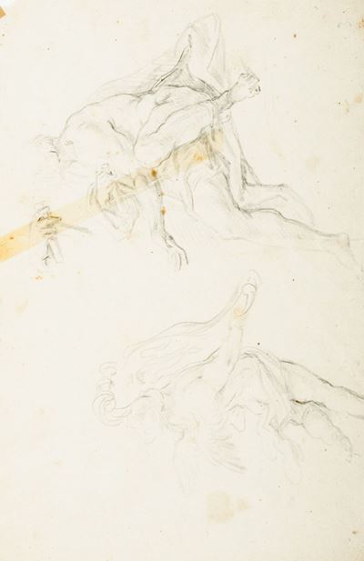 Autore anonimo, Studio di vecchio seduto e di angelo reggistemma, matita nera su carta
