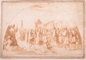 Scena di guarigione o di benedizione con un santo Vescovo, astanti e città sullo sfondo