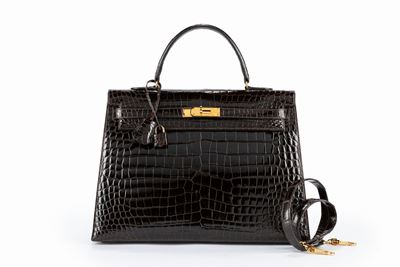 Kelly, Borsa Sellier 35 cm in coccodrillo porosus color cioccolato