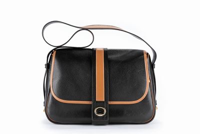 Borsa in pelle nera e nocciola con tracolla, 1985