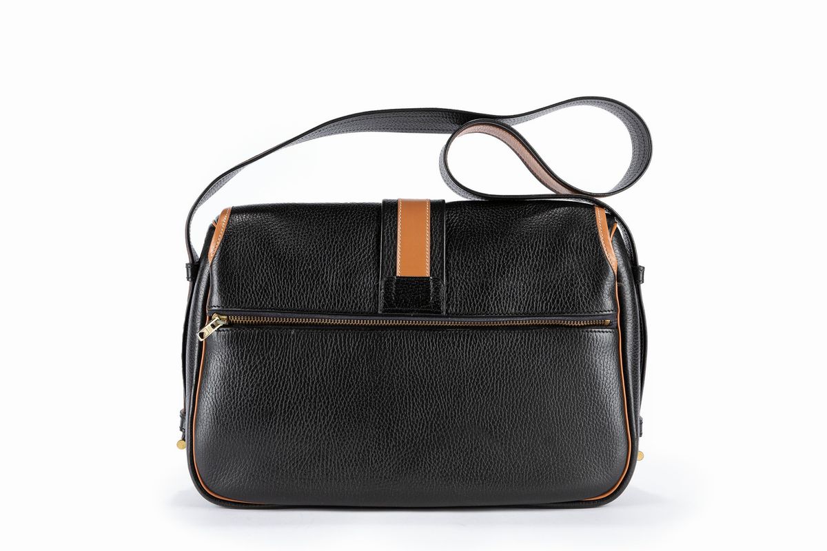 Hermès - Borsa in pelle nera e nocciola con tracolla, 1985