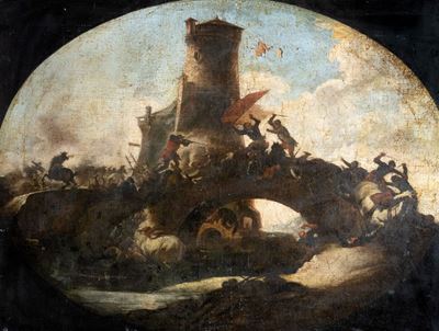 Scontro di cavalieri presso un ponte, olio su tela, cm 48 x 61,5