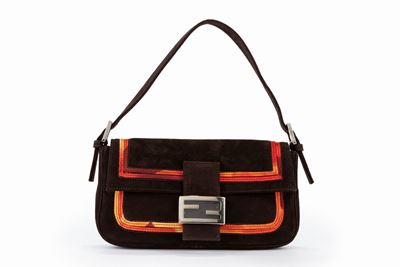 Borsa Baguette in camoscio marrone con inserti in tessuto arancio