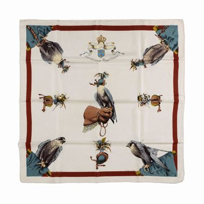Henri de Linares, Foulard Fauconnerie Royal Déduit, seta su fondo bianco, riedizione 1982