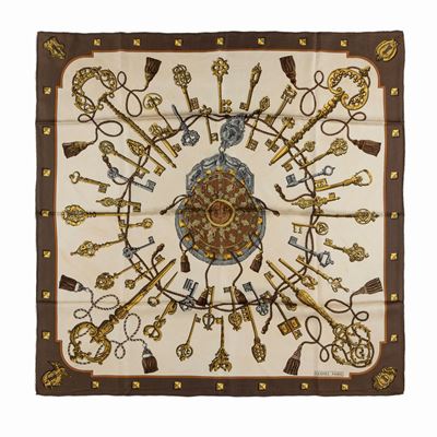 Caty Latham, Foulard Les Clefs, seta su fondo color panna, 1965