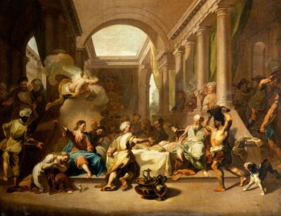 Ignoto, Due episodi evangelici: La cena a casa del Fariseo e la Resurrezione di Lazzaro, olio su ...