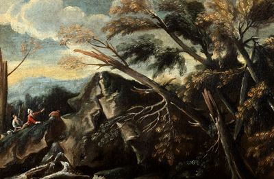 Paesaggio fluviale con albero spezzato, olio su tela