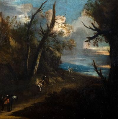 Paesaggio boschivo con viandanti, olio su tela
