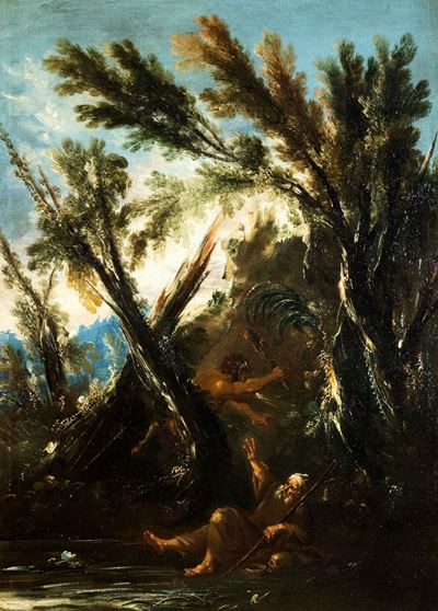 Santo eremita in un paesaggio, olio su tela