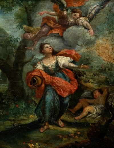 Ignoto, Due scene bibliche: Agar e Ismaele; e Mosè e le figlie di Jetro, olio su tela