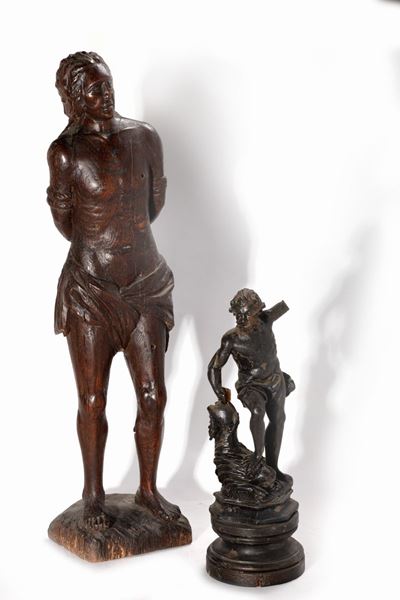 Scultore del XVIII secolo, San Sebastiano ed Ercole che uccide il Leone, legno, altezza cm 68 e c...