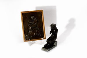 Lot consisting of a dark patina bronze sculpture depicting a little faun; and a plaque with dark patina bronze bas-relief depicting a faun, early 20th century