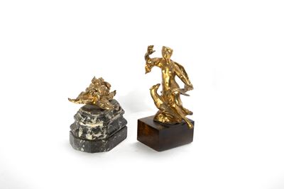 Lotto Composto da Due Piccole Sculture in Bronzo Dorato: Figura Femminile Mitologica con Aquila; ...