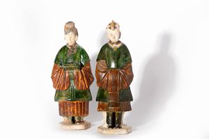  - Due figure in terracotta smaltata Sancai, Cina dinastia Ming