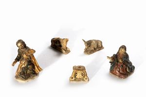 Lot consisting of four painted alabaster nativity sculptures: Madonna, Saint Joseph, the ox and the donkey, 19th century