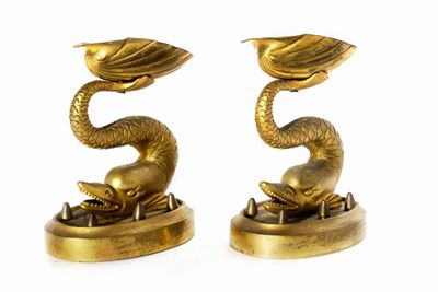 Coppia di delfini, bronzo dorato, secolo XIX, altezza 12 cm