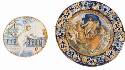 Piatto e formella in ceramica policroma, 'Trionfo di Bacco e Arianna' e 'Betsabea al bagno'