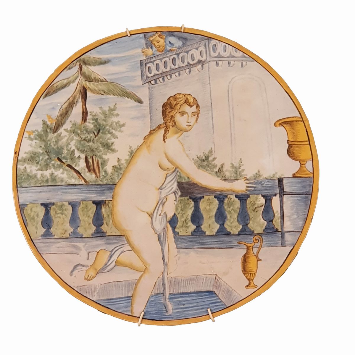 Piatto e formella in ceramica policroma, 'Trionfo di Bacco e Arianna' e 'Betsabea al bagno'