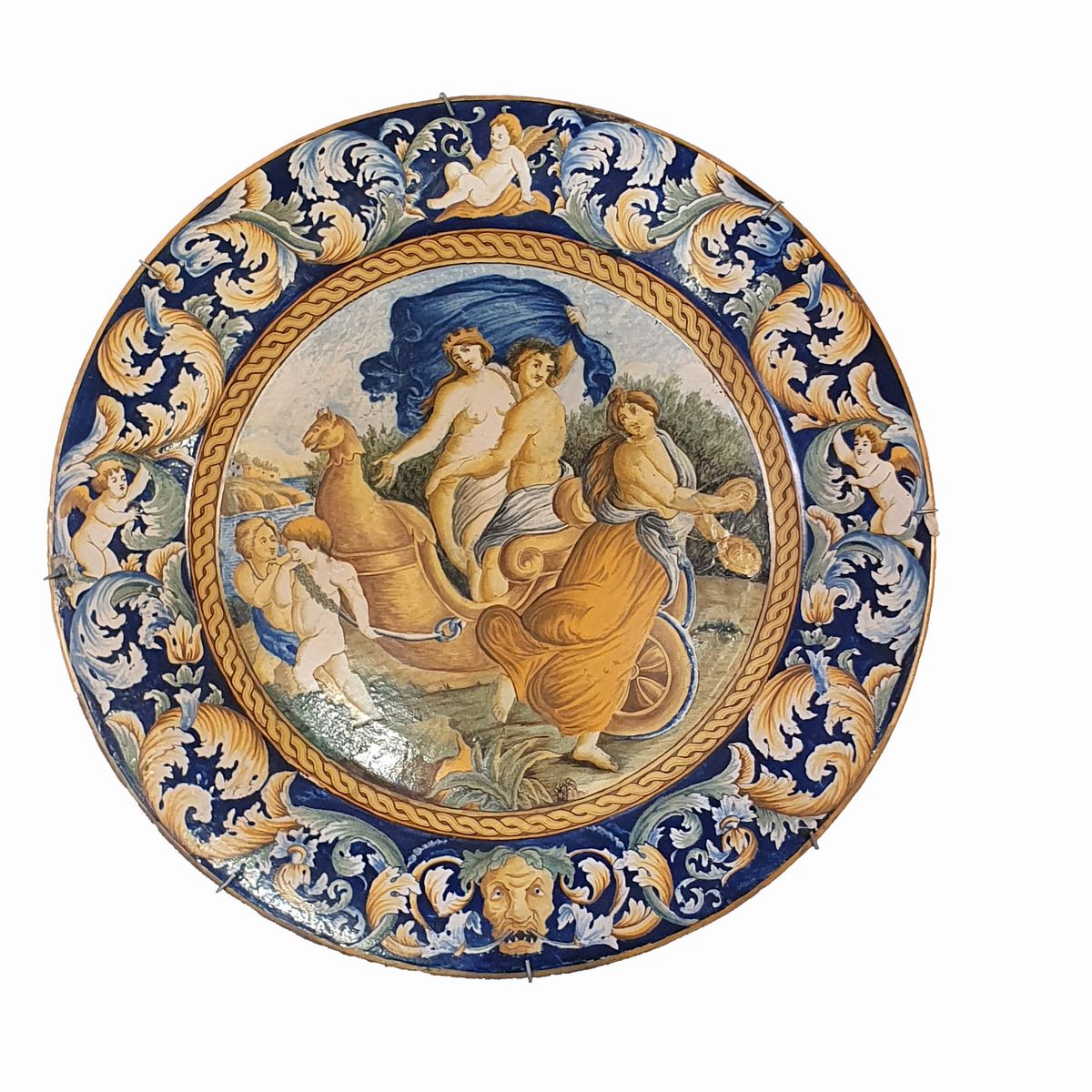 Piatto e formella in ceramica policroma, 'Trionfo di Bacco e Arianna' e 'Betsabea al bagno'