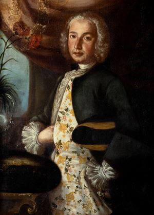 Scuola napoletana, secolo XVIII - Three-quarter length portrait of a gentleman with embroidered tailcoat
