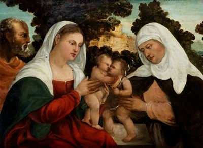 Scuola veneta, Sacra Famiglia con San Giovannino e Santa Elisabetta, olio su tavola