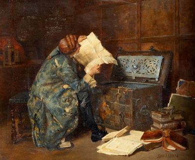 Scena di interno con uomo che legge, olio su tavola