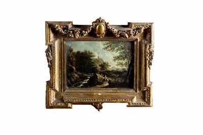 Paesaggio fluviale con viandanti, olio su tavola