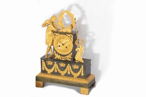 Charles X clock in dark and gilded patina bronze with Arcadian shepherd