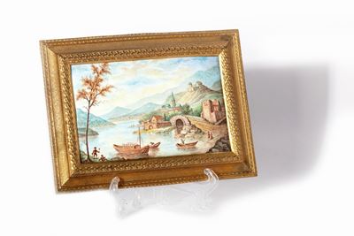 Miniatura in smalto, Paesaggio fluviale con borgo e imbarcazioni, cm 10,5 x 15