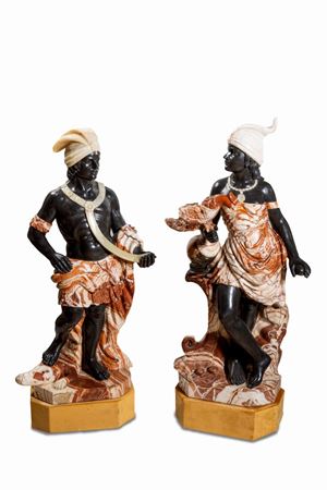 Due sculture in marmo raffiguranti Mori, allegoria delle Americhe, secolo XX