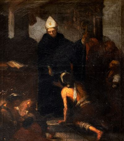 Autore ignoto, Santo Vescovo che risana uno storpio, olio su tela